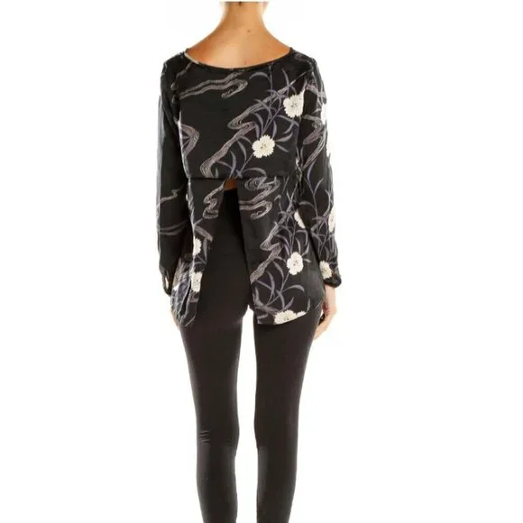 Club Monaco Briley Open-Back Black 100% Silk Floral Print Long Sleeve Blouse #44 - Picture 2 of 16